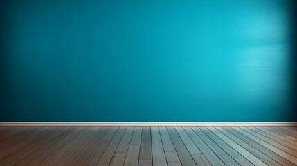 Blue turquoise empty wall and wooden floor with interesting with glare from the window. Interior background for the presentation, AI generated.