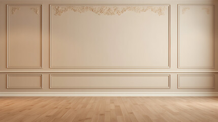 Light brown empty wall with decorative paneling and wood flooring with interesting light reflections. Background for the presentation, AI generated.