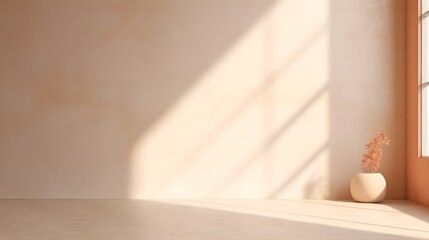 Minimal abstract background for product presentation, Shadow and light from windows on plaster wall, AI generated.