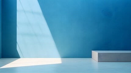 Minimal abstract blue background for product presentation, Shadow and light from windows on plaster wall, AI generated.