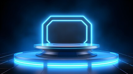 Beautiful futuristic technological light blue podium with light neon panels for product presentation, AI generated.