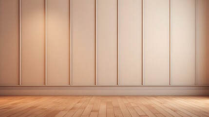 Light brown empty wall with decorative paneling and wood flooring with interesting light reflections. Background for the presentation, AI generated.