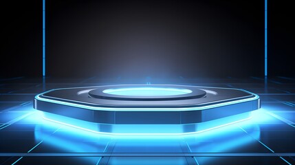 Beautiful futuristic technological light blue podium with light neon panels for product presentation, AI generated.