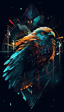 Colorful hawk bird illustration isolated on vertical black background. Wild drawing eagle predator.