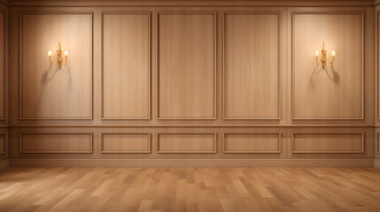 Light brown empty wall with decorative paneling and wood flooring with interesting light reflections. Background for the presentation, AI generated.