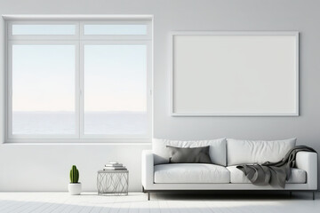 Daylight. Sofa and blank wall frame template. Sea-view panoramic windows. Generative AI