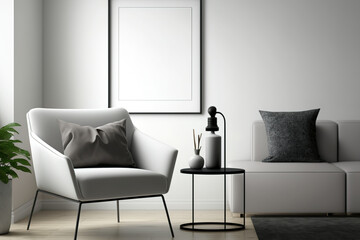 Elegant living area with a mock-up poster frame, coffee table, and fashionable personal belongings in a minimalistic composition. Copy space Template. Generative AI