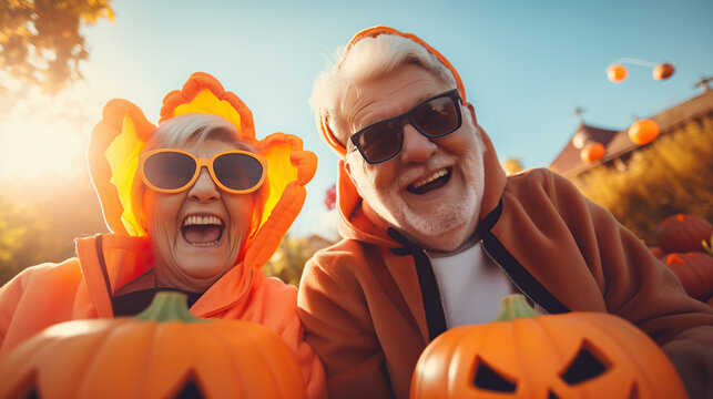 A man and woman, their faces glowing with joy and delight, stand together outdoors in their festive autumn attire, holding pumpkins aloft against the vibrant halloween sky - Powered by Adobe