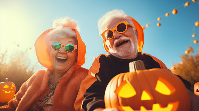 A vibrant orange sky envelops two happy people celebrating the autumn season with a carved pumpkin, signifying the spirit of halloween and the joy of trick-or-treating