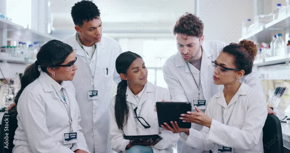 Poster people, scientist and tablet in team meeting, research or project for discovery in science laborator