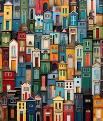 many colorful houses in the middle of town, with lots of them painted on each side to make it look like they're