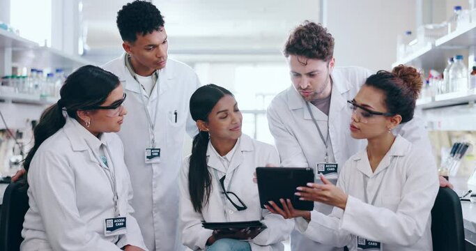 People, scientist and tablet in team meeting, research or project for discovery in science laboratory. Group of medical or healthcare workers in teamwork with technology for scientific breakthrough