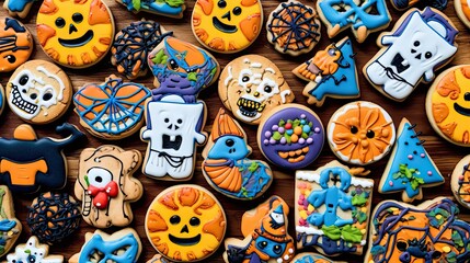 Fototapeta na wymiar decorated halloween cookies on a wooden table with pumpkins and skeletons in the background photo is taken from above stock photo
