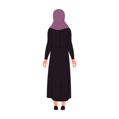 Back view of standing muslim businesswoman. Female arabic manager in standing pose cartoon vector illustration