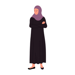 Thinking muslim businesswoman with crossed arms. Arabic office manager in standing pose cartoon vector illustration