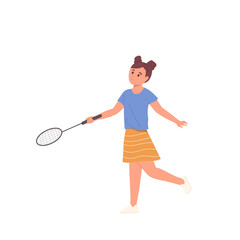 Happy girl child cartoon character holding racket playing badminton isolated on white background