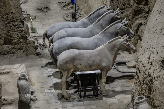 Terracotta Army or Terra Cotta Warriors and Horses (210 - 209 BC) - terracotta sculptures depicting armies of first emperor of China Qin Shi Huang. PIT 3 - Command Post. XI&rsquo;AN, CHINA. JULY 27, 2023.