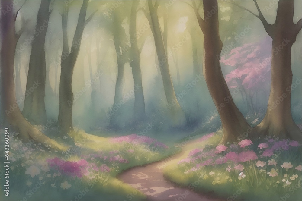 Wall mural Morning in the forest. AI generated illustration