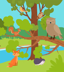 Forest animals. outdoor forest landscape trees and bushes animals fox owl birds hedgehog. Vector cartoon background