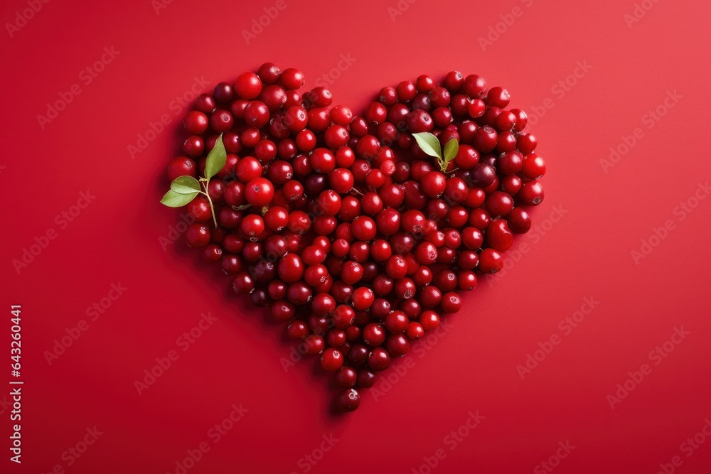 Poster cranberries in a heart shape on a red background