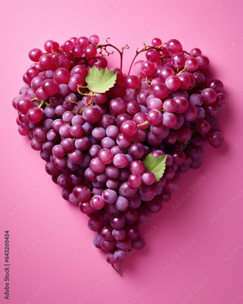 Poster grape berries in a heart shape on a red background