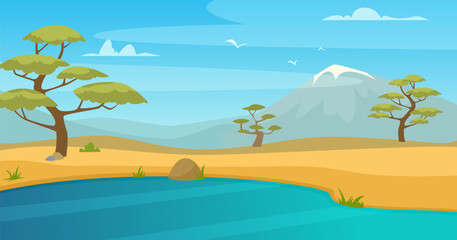 Savannah background. outdoor landscape with african outdoor savannah with lake. Vector background