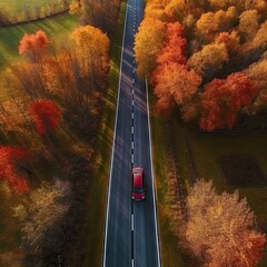 a red car driving down a road in the middle of an autumn forest with yellow, orange and red trees - obrazy, fototapety, plakaty