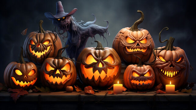 maison hant&eacute;e et citrouilles terrifiantes, pour ce jour d'automne et d'Halloween 