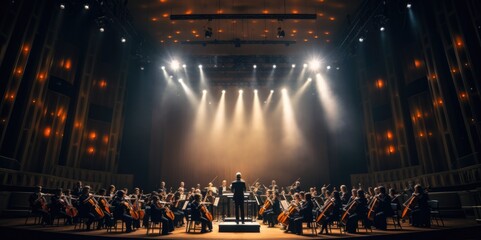 Captivating Performance: Symphony Orchestra in Dramatic Lighting, generative ai - obrazy, fototapety, plakaty