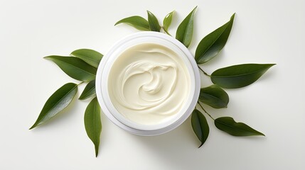 Natural organic cream jar with green leaves on white background. Cosmetic products for skin care and makeup. Illustration for banner, poster, cover, brochure, advertising, marketing or presentation.