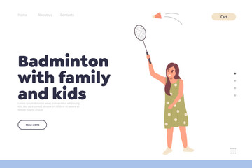 Flat landing page design template offering playing badminton game match for family and kids