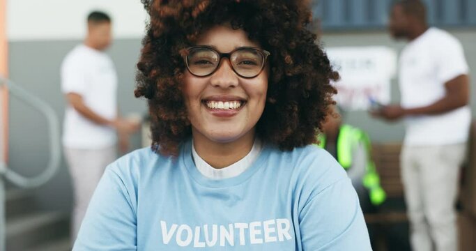 Happy, smile and face of woman volunteer working for community service, NGO or charity. Social, excited and headshot portrait of young female volunteering worker from Mexico at an outdoor event.