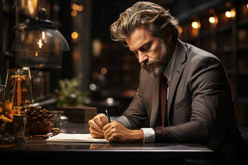 A thoughtful and concentrated bearded manager, dressed in trendy business attire, touches his head while writing plans in a notebook on a work desk in an office. Generative AI.