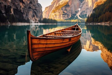 an old wooden boat in the middle of a lake with mountains and trees reflected in the still calm water at sunset - Powered by Adobe