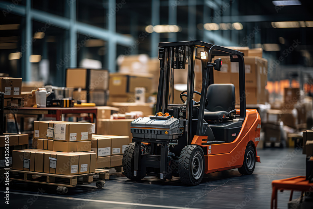 Poster a busy logistics center with forklifts moving crates and packages. generative ai.