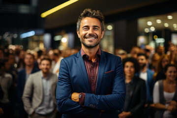 Fototapeta premium A CEO giving a motivational speech to employees in a modern office auditorium. Generative AI.