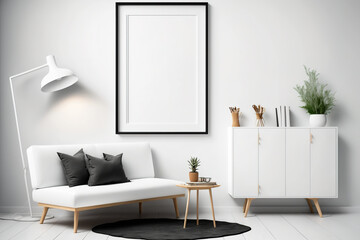 Modern interior background with a mock-up poster frame in a Scandinavian-style living room. Generative AI