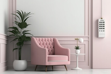 Simple room in a light pink tint with a single armchair, a vase of flowers, and a vintage phone. copy space on a light background. background for a website, presentation, or image. Generative AI