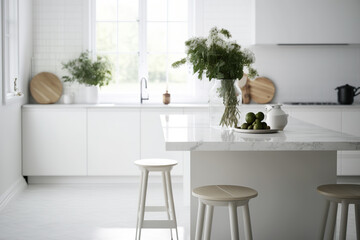 Over a blurred modern white kitchen with island and chairs, marble tile floor, and minimalist interior design, a wooden tabletop or shelf with contemporary vases,. Generative AI
