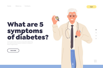 Medical service landing page template doctor character showing glucometer with sugar glucose test