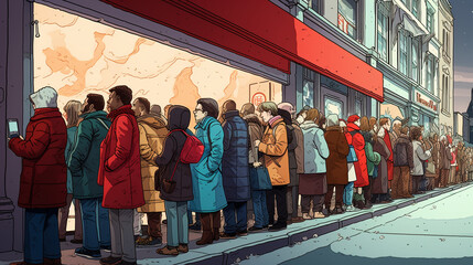 Hyped Up Shoppers: Illustrate people gathering in a line outside a store, eagerly waiting for it to open on Black Friday, sale, queue, hype drawn