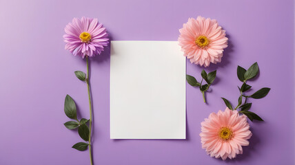empty white paper with flowers decoration on purple background