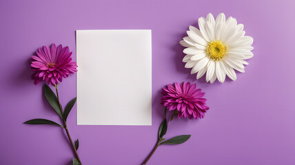 empty white paper with flowers decoration on purple background