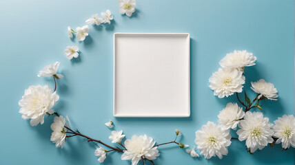 empty frame mockup with flower decoration on blue background
