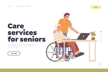 Care service for pensioner online company landing page design template offering professional help