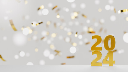 3d rendering of golden number 2024 on gray stage with defocused white ornaments - obrazy, fototapety, plakaty
