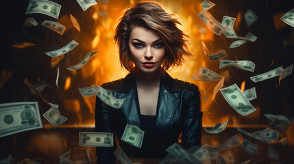 Young woman with chic short hair dons a leather jacket, her gaze locked onto the camera. Surrounding her, an ethereal dance of floating currency notes 