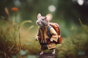 mouse wearing travel clothes on vacation