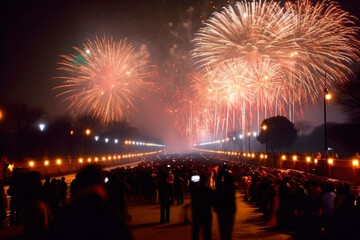 Diwali fireworks on night sky at Hindu festival of lights celebration