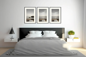 Bedroom with three blank images. Generative AI